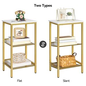 HOOBRO Side Table, 3-Tier End Telephone Table with Adjustable Mesh Shelves, for Office Hallway or Living Room, Modern Look Accent Furniture, Tall and Narrow, White and Gold DW01DH01G1