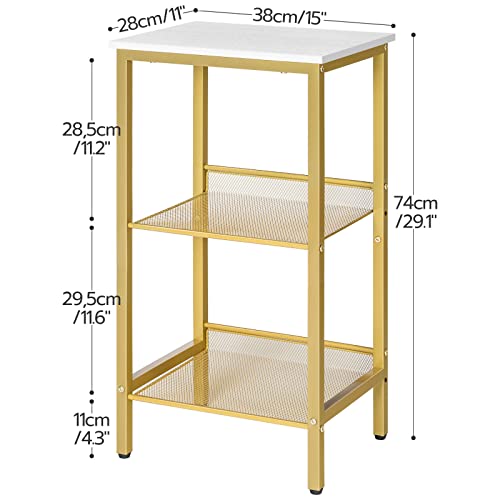 HOOBRO Side Table, 3-Tier End Telephone Table with Adjustable Mesh Shelves, for Office Hallway or Living Room, Modern Look Accent Furniture, Tall and Narrow, White and Gold DW01DH01G1