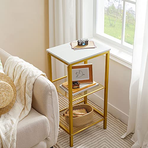 HOOBRO Side Table, 3-Tier End Telephone Table with Adjustable Mesh Shelves, for Office Hallway or Living Room, Modern Look Accent Furniture, Tall and Narrow, White and Gold DW01DH01G1