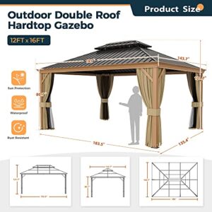 HAPPATIO 12' x 16' Hardtop Gazebo, Outdoor Wood Grain Frame Aluminum Gazebo, Double Roof Permanent Patio Gazebo Canopy with Netting and Curtains for Garden, Patio, Lawns, Parties (Beige)