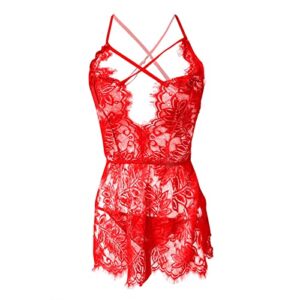 Sexy Lingerie for Women, Sets Women Lace Top Lengerie Set Women's Lingerie Mesh Sling Backless Nightdress Two-Piece Set Plus Size Lingerie 2XL Black Body Suit Pajamas Bodysuit (M, Red)