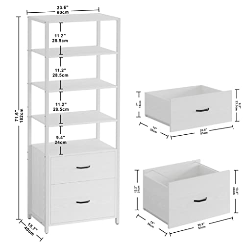 IRONCK Industrial Bookcase with File Cabinet Drawers, 71.6 in Tall Bookshelf 5 Tier, Freestanding Storage Home Office Cabinet Organizer, Rustic Home Decor, White