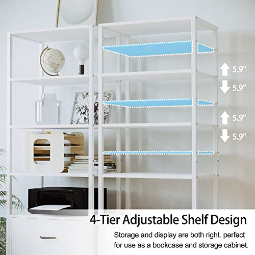 IRONCK Industrial Bookcase with File Cabinet Drawers, 71.6 in Tall Bookshelf 5 Tier, Freestanding Storage Home Office Cabinet Organizer, Rustic Home Decor, White