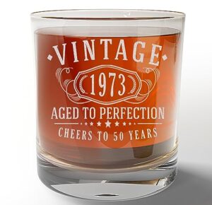 vintage 1973 etched whiskey glass - 50th birthday gifts for men - cheers to 50 years old - 50th birthday decorations for men - scotch bourbon him dad women anniversary retirement 1.0