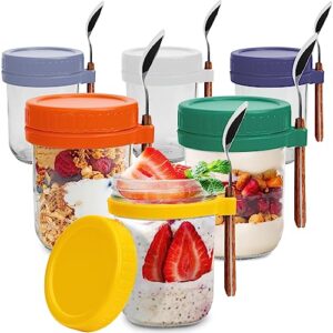 6 pack overnight oats jars with lids and spoons, 16 oz glass bottles containers large capacity yogurt containers airtight jars for milk, cereal storage jars with lids for oatmeal container to go