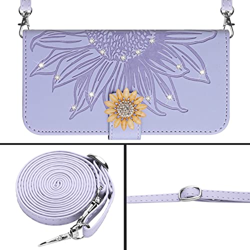 ONV Wallet Case for Oppo Realme C33-1.5M Strap Glitter Shinny Sunflower Flip Leather Case Card Slot Shockproof Kickstand Magnetic Cover for Oppo Realme C33 [HT] -Purple-T