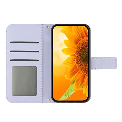 ONV Wallet Case for Oppo Realme C33-1.5M Strap Glitter Shinny Sunflower Flip Leather Case Card Slot Shockproof Kickstand Magnetic Cover for Oppo Realme C33 [HT] -Purple-T