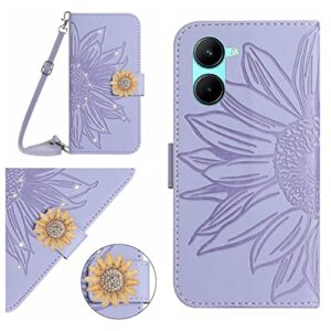 ONV Wallet Case for Oppo Realme C33-1.5M Strap Glitter Shinny Sunflower Flip Leather Case Card Slot Shockproof Kickstand Magnetic Cover for Oppo Realme C33 [HT] -Purple-T