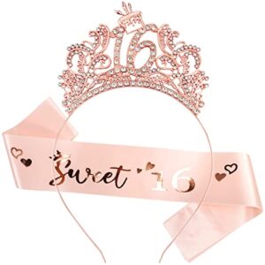 vovii 16th birthday sash and tiara,16th birthday decorations for women,16th birthday gifts for her, princess crown hair accessories for women happy birthday party favors