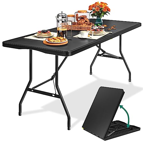 YITAHOME Folding Tables Heavy Duty Folding Table 6ft with Carrying Handle Plastic Fold up Table for Outdoor Camping Picnic Parties/Indoor Events All in Black