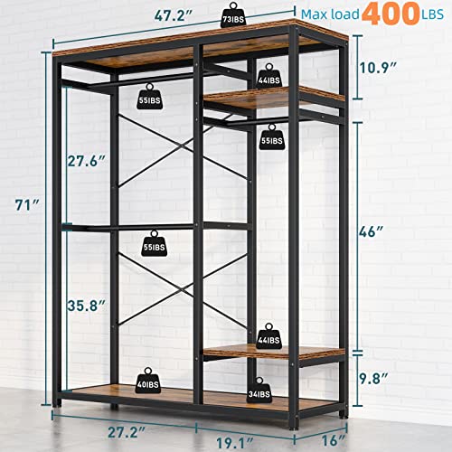 Raybee Free Standing Closet Organizer Heavy Duty Metal Wooden Clothing Rack with Shelves Capacity 400LBS 71"H Freestanding Clothes Rack Garment Rack for Hanging Clothes