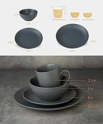 Famiware 16 Piece Moon Dinnerware Sets, Kitchen Plates and Bowls Set for 4, Dish Set with Speckled Design, Microwave and Dishwasher Safe, Charcoal