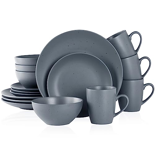 Famiware 16 Piece Moon Dinnerware Sets, Kitchen Plates and Bowls Set for 4, Dish Set with Speckled Design, Microwave and Dishwasher Safe, Charcoal