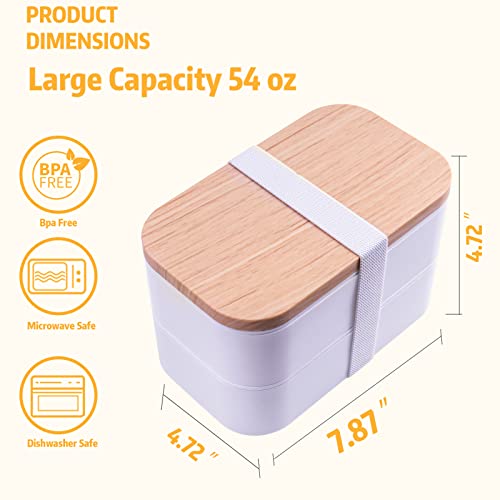 Healfyya Japanese Bento Box with Bag Leakproof Lunch Box with Utensils Stackable Food Containers Includes Sauce Container 54OZ White