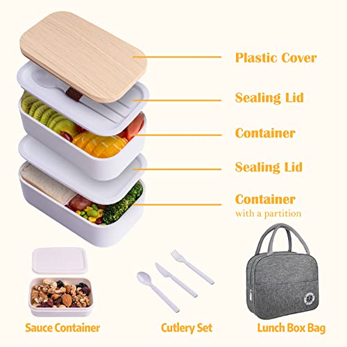 Healfyya Japanese Bento Box with Bag Leakproof Lunch Box with Utensils Stackable Food Containers Includes Sauce Container 54OZ White