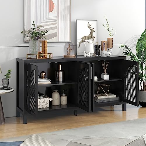 Large Storage Space Sideboard with 4 Artificial Rattan Door, Wooden Storage Cabinet with Metal Handles and Adjustable Shelves, Retro Console Table for Dining Room Living Room Entryway (Black)