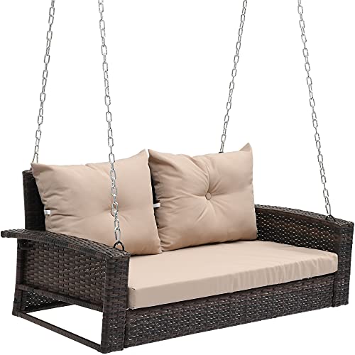 YITAHOME Wicker Hanging Porch Swing Chair Outdoor Brown Rattan Patio Swing Lounge w/ 2 Back Cushions Capacity 530lbs for Garden, Balcony, Living Room, Beige