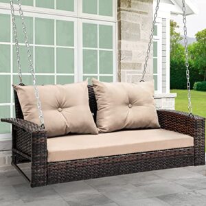 yitahome wicker hanging porch swing chair outdoor brown rattan patio swing lounge w/ 2 back cushions capacity 530lbs for garden, balcony, living room, beige