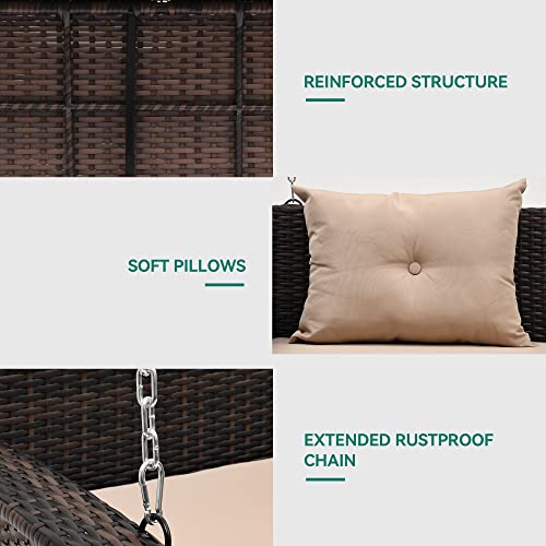 YITAHOME Wicker Hanging Porch Swing Chair Outdoor Brown Rattan Patio Swing Lounge w/ 2 Back Cushions Capacity 530lbs for Garden, Balcony, Living Room, Beige