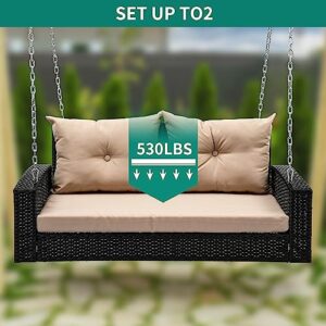 YITAHOME 2-Seats Wicker Hanging Porch Swing Chair Outdoor Black Rattan Patio Swing Lounge w/ 2 Back Cushions Capacity 530lbs for Garden, Balcony, Living Room, Beige