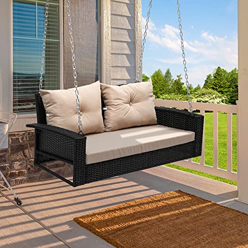 YITAHOME 2-Seats Wicker Hanging Porch Swing Chair Outdoor Black Rattan Patio Swing Lounge w/ 2 Back Cushions Capacity 530lbs for Garden, Balcony, Living Room, Beige