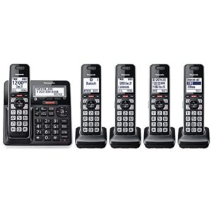 panasonic cordless phone with advanced call block, link2cell bluetooth, one-ring scam alert, and 2-way recording with answering machine, 5 handsets - kx-tgf975b (black with silver trim)