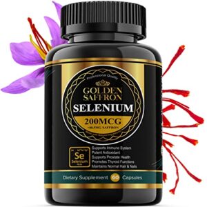 Golden Saffron Selenium (200mcg Selenium & 88.5 mg Saffron Extract) - to Support Overall Health, Thyroid Function, Prostate Health - Non-GMO & Gluten-Free - from USA - & Tasteless