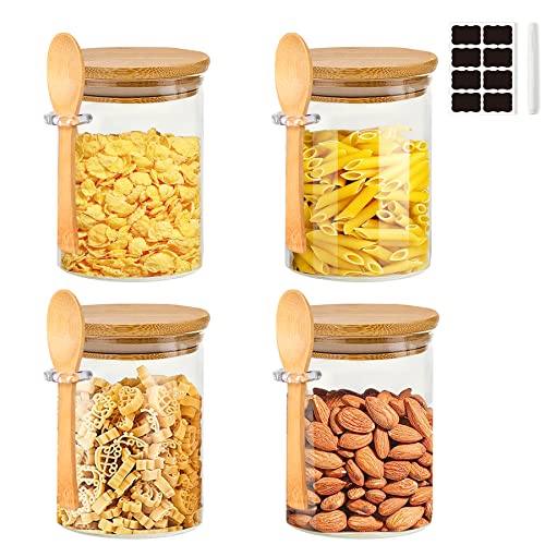 Hwawhin 4 Pack Airtight Glass Jars with Bamboo Lid & Spoons, 19 OZ Glass Food Storage Jars Borosilicate Glass Canisters for Coffee Bean, Sugar, Storage, Dry Goods, Cookie, Candy, Tea, Spices and More