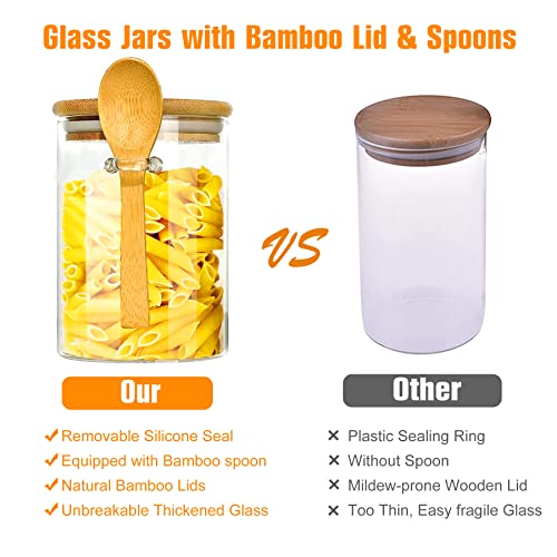 Hwawhin 4 Pack Airtight Glass Jars with Bamboo Lid & Spoons, 19 OZ Glass Food Storage Jars Borosilicate Glass Canisters for Coffee Bean, Sugar, Storage, Dry Goods, Cookie, Candy, Tea, Spices and More