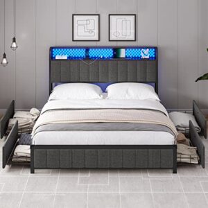 ADORNEVE Queen Bed Frame with LED Lights Headboard & 4 Storage Drawers, Upholstered Platform Bed with Outlets & USB Ports, LED Bed Frame with Storage Headboard, No Box Spring Needed,Dark Grey