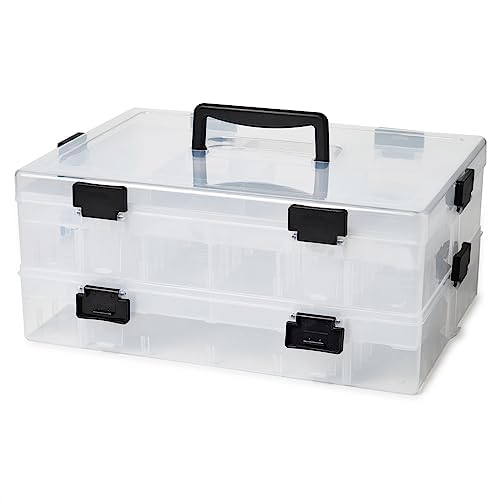 EZOWare 2-Tier Art Craft Storage Organizer Box with 118 Grid Compartments & Handle, Stackable Clear Plastic Adjustable Divider Container Bin for Jewelry, Building Block, Fishing, Sewing Supplies