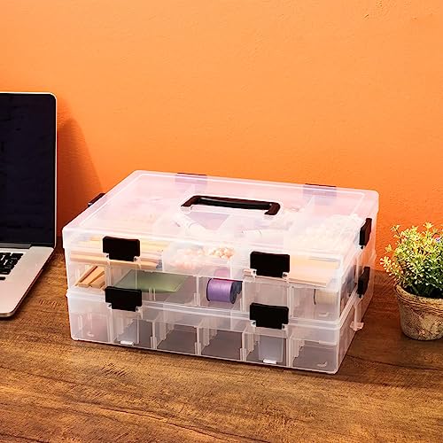 EZOWare 2-Tier Art Craft Storage Organizer Box with 118 Grid Compartments & Handle, Stackable Clear Plastic Adjustable Divider Container Bin for Jewelry, Building Block, Fishing, Sewing Supplies