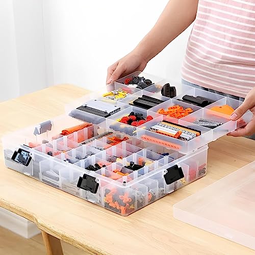 EZOWare 2-Tier Art Craft Storage Organizer Box with 118 Grid Compartments & Handle, Stackable Clear Plastic Adjustable Divider Container Bin for Jewelry, Building Block, Fishing, Sewing Supplies