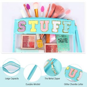 9PCS Clear Chenille Letter Bag Multi-purpose Stuff Snack Pouch Bag PVC Preppy Makeup Stuff Bag with Wristlet Waterproof Snack Stadium Bag Organizer Cosmetic Bag for Women Travel (Multicolor,Stuff)