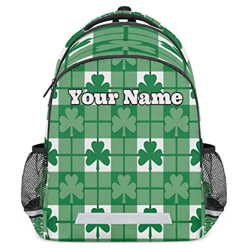 Herdesigns Custom St Patricks Da Backpack for Men Women with Name Personalized Plaid Lucky Clover Green Shamrocks Shoulder Traveling Bag with Name Customized Travel Laptop Bag Casual Backpacks