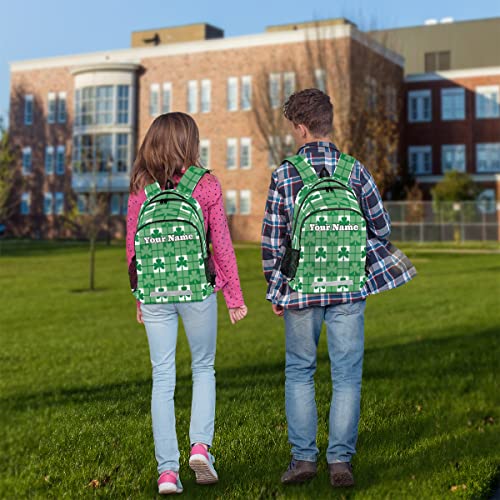 Herdesigns Custom St Patricks Da Backpack for Men Women with Name Personalized Plaid Lucky Clover Green Shamrocks Shoulder Traveling Bag with Name Customized Travel Laptop Bag Casual Backpacks