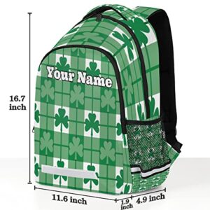 Herdesigns Custom St Patricks Da Backpack for Men Women with Name Personalized Plaid Lucky Clover Green Shamrocks Shoulder Traveling Bag with Name Customized Travel Laptop Bag Casual Backpacks