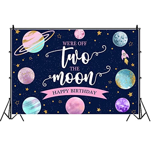 9x6ft Two The Moon 2nd Birthday Backdrop for Boy or Girl Outer Space Rocket Astronaut Theme Background Night Sky Gold Hanging Stars Planet Galaxy Photo Photography Party Decoration Supplies