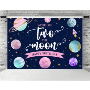 9x6ft Two The Moon 2nd Birthday Backdrop for Boy or Girl Outer Space Rocket Astronaut Theme Background Night Sky Gold Hanging Stars Planet Galaxy Photo Photography Party Decoration Supplies