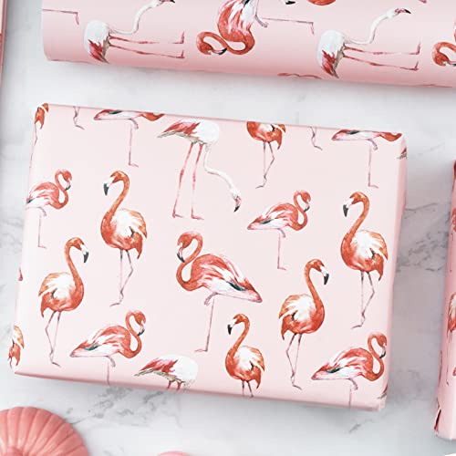 WRAPAHOLIC Reversible Wrapping Paper - Mini Roll - 17 Inch X 33 Feet - Flamingo and Polka Dot Design for Birthday, Holiday, Wedding, Baby Shower