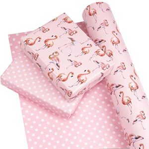 WRAPAHOLIC Reversible Wrapping Paper - Mini Roll - 17 Inch X 33 Feet - Flamingo and Polka Dot Design for Birthday, Holiday, Wedding, Baby Shower