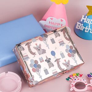 WRAPAHOLIC Reversible Birthday Wrapping Paper - Mini Roll - 17 Inch X 33 Feet - Adorable Dogs with Metallic Foil Shine and Solid Blue for Birthday, Party, Baby Shower