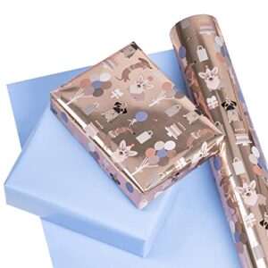 WRAPAHOLIC Reversible Birthday Wrapping Paper - Mini Roll - 17 Inch X 33 Feet - Adorable Dogs with Metallic Foil Shine and Solid Blue for Birthday, Party, Baby Shower