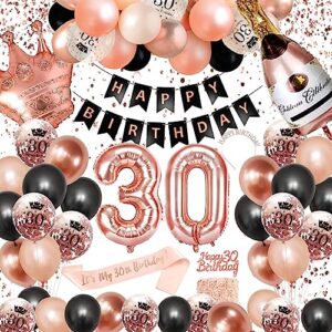 30th birthday decorations for women, rose gold 30 birthday decorations for her, happy 30th birthday banner sash 30th birthday balloons cake topper 30 bday party decor dirty thirty decorations for her