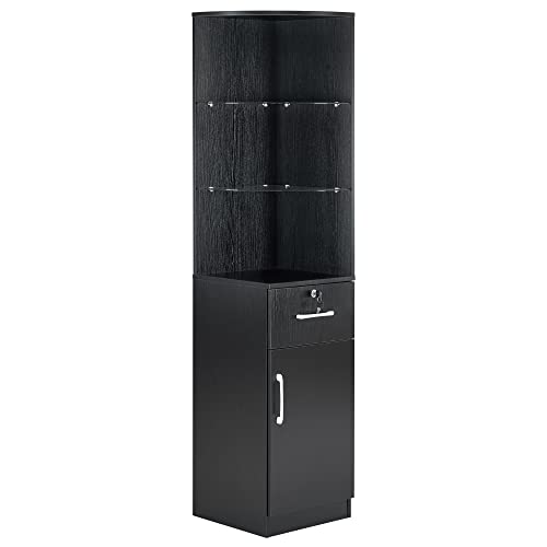 BarberPub Corner Storage Cabinet with Door and Glass Shelves for Home Office Beauty Salon Spa 3200 (Black)