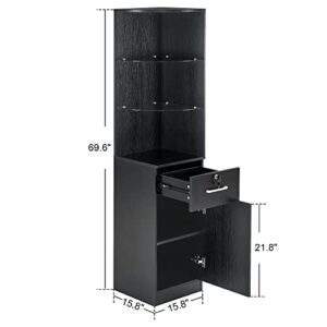 BarberPub Corner Storage Cabinet with Door and Glass Shelves for Home Office Beauty Salon Spa 3200 (Black)