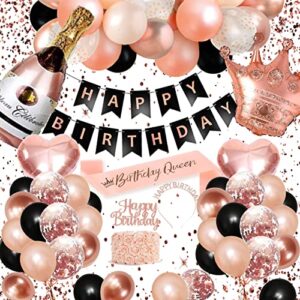 rose gold birthday decorations, black rose gold happy birthday banner balloons tiara belt birthday decor for 16 18 21 30 40 50 60 70 80 women girls birthday rose gold black party decorations supplies