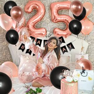 Rose Gold Birthday Decorations, Black Rose Gold Happy Birthday Banner Balloons Tiara Belt Birthday Decor for 16 18 21 30 40 50 60 70 80 Women Girls Birthday Rose Gold Black Party Decorations Supplies