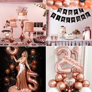 Rose Gold Birthday Decorations, Black Rose Gold Happy Birthday Banner Balloons Tiara Belt Birthday Decor for 16 18 21 30 40 50 60 70 80 Women Girls Birthday Rose Gold Black Party Decorations Supplies