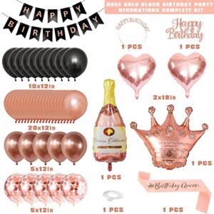 Rose Gold Birthday Decorations, Black Rose Gold Happy Birthday Banner Balloons Tiara Belt Birthday Decor for 16 18 21 30 40 50 60 70 80 Women Girls Birthday Rose Gold Black Party Decorations Supplies